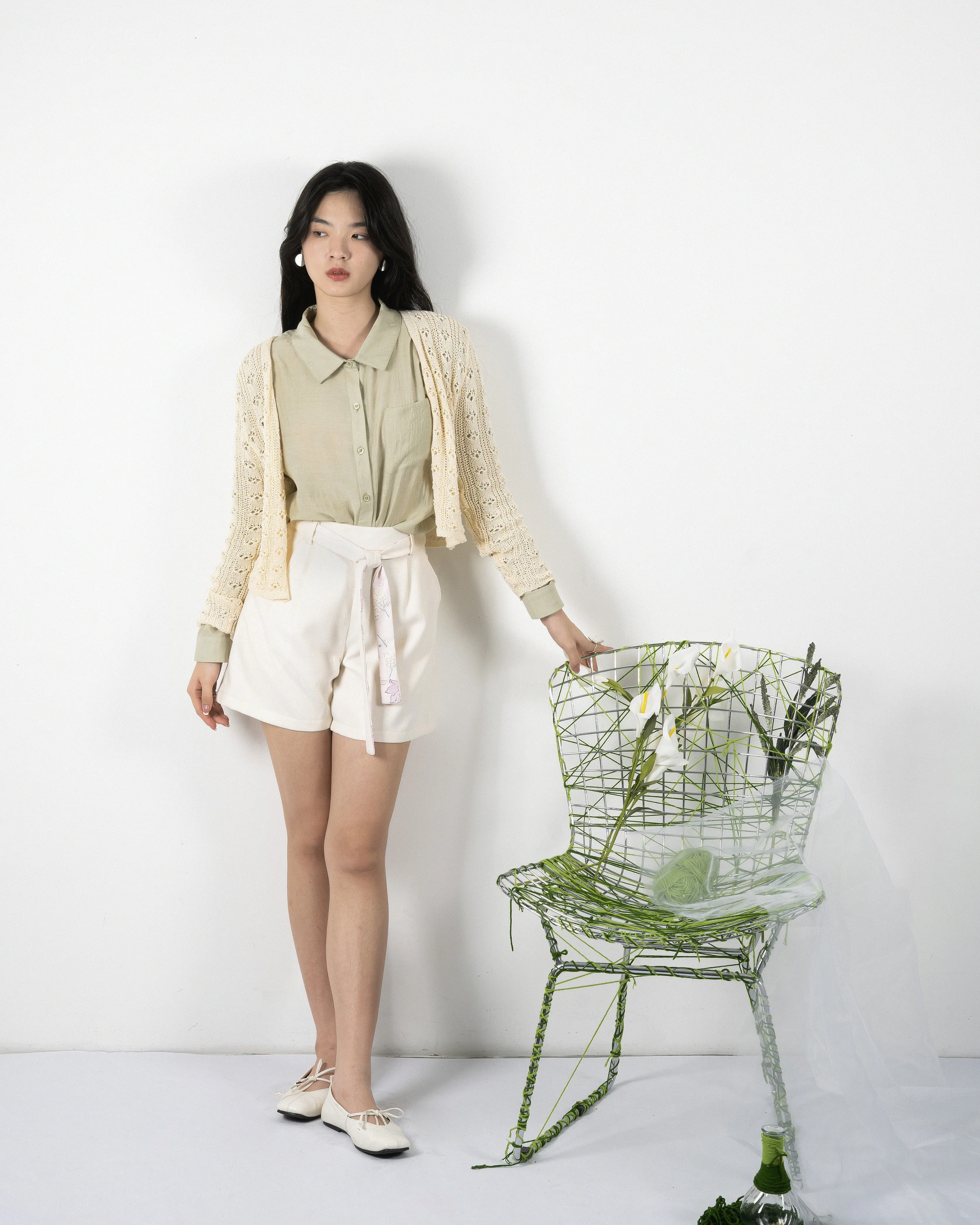 A-line Printed Belt Shorts (White)