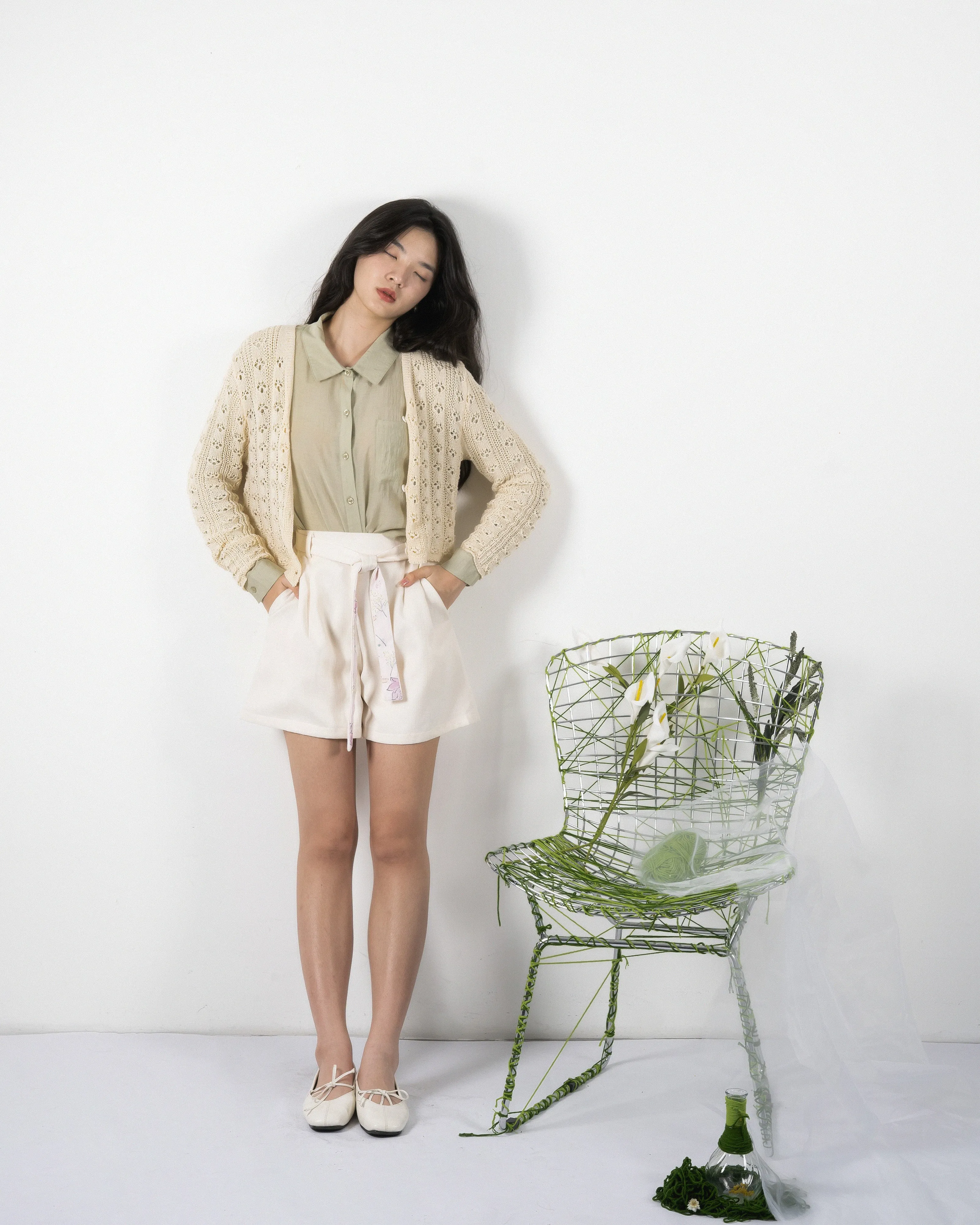A-line Printed Belt Shorts (White)