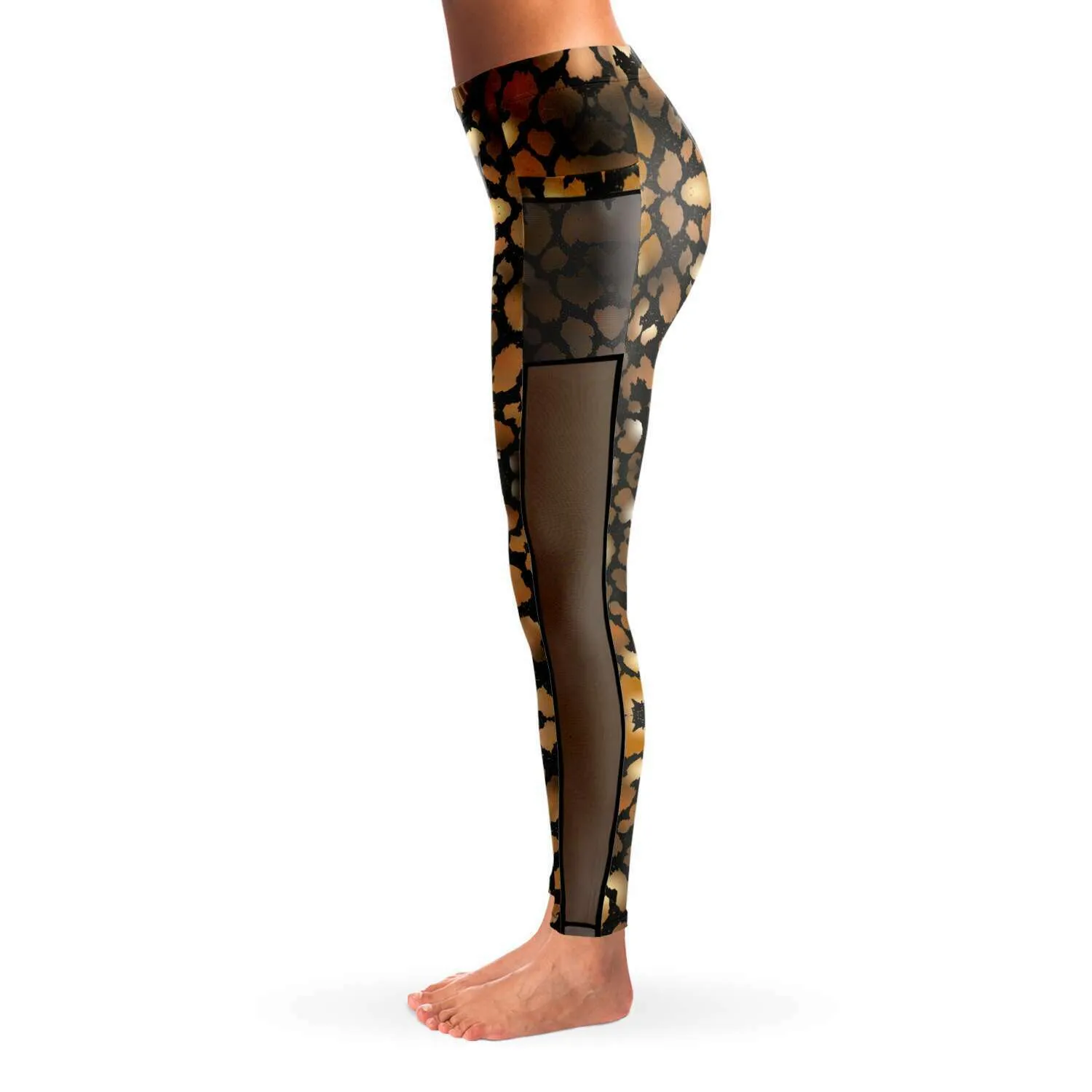 Animal Print Mesh Panel Side Pockets Leggings (FWS)