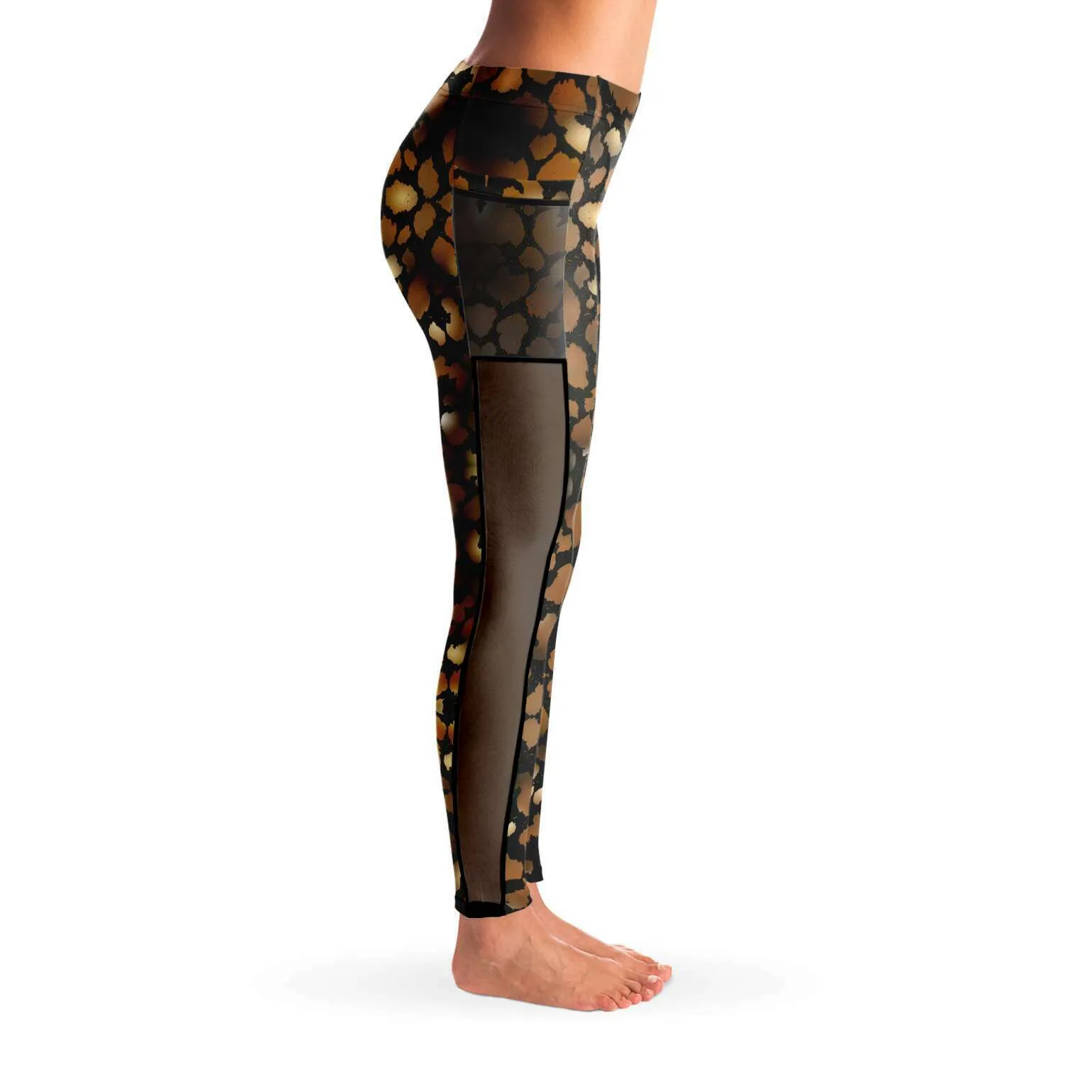 Animal Print Mesh Panel Side Pockets Leggings (FWS)