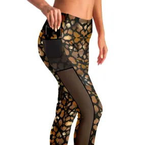 Animal Print Mesh Panel Side Pockets Leggings (FWS)