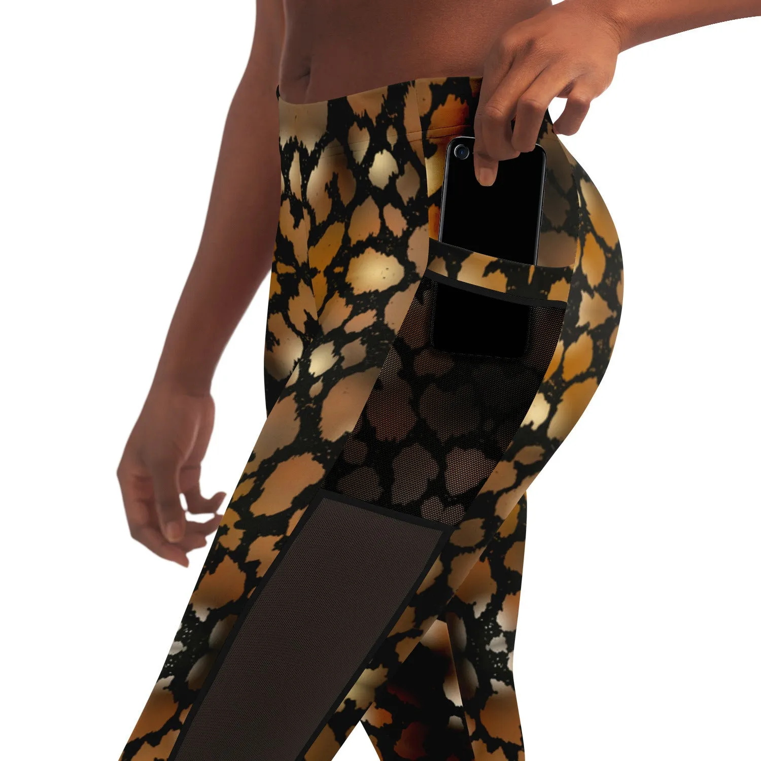 Animal Print Mesh Panel Side Pockets Leggings (FWS)