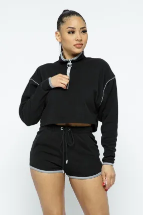 Black Sporty Crop Top Sporty High-waist Women's Shorts Set