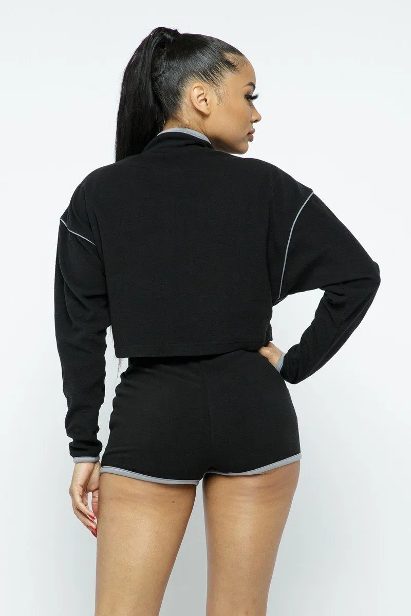 Black Sporty Crop Top Sporty High-waist Women's Shorts Set