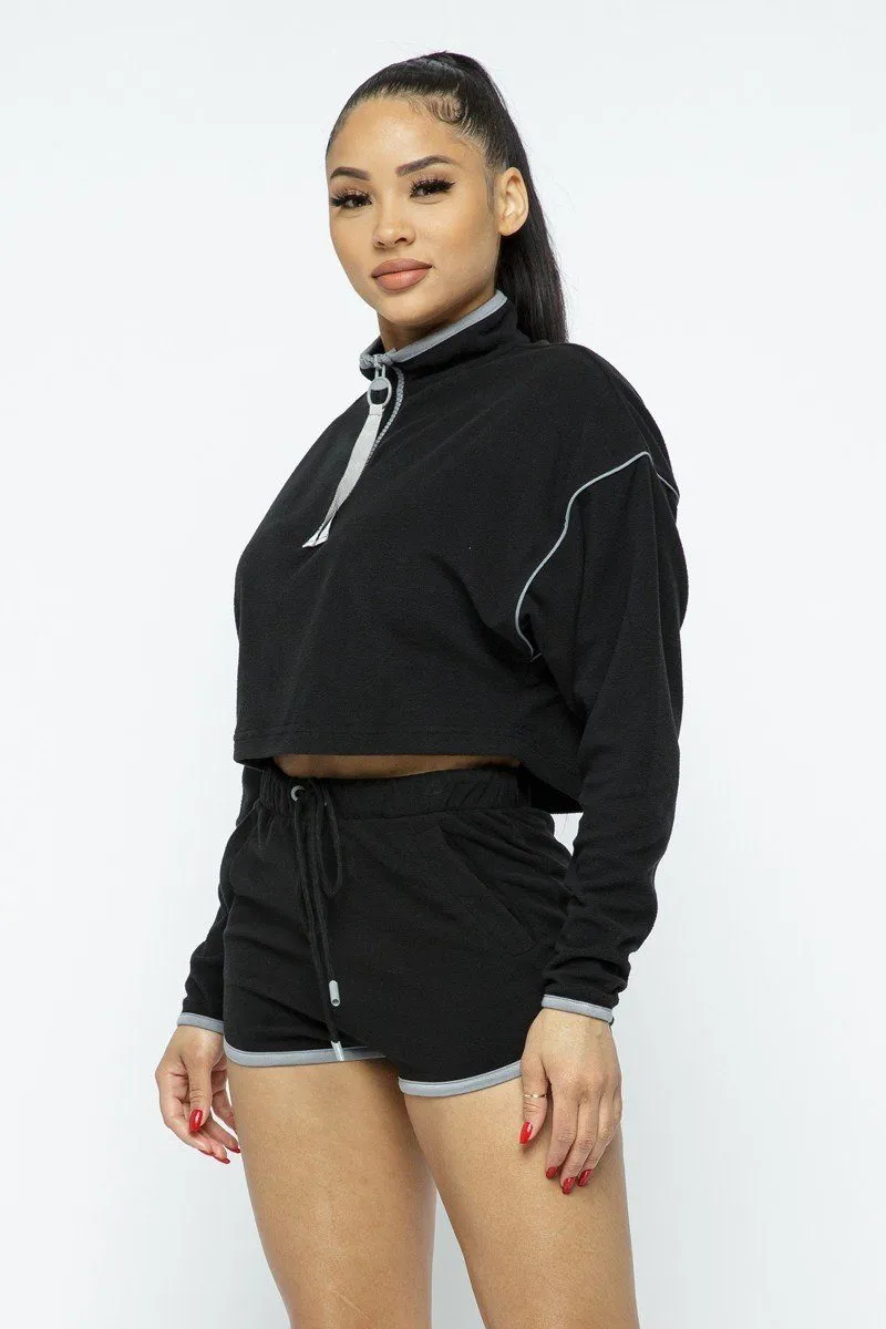 Black Sporty Crop Top Sporty High-waist Women's Shorts Set