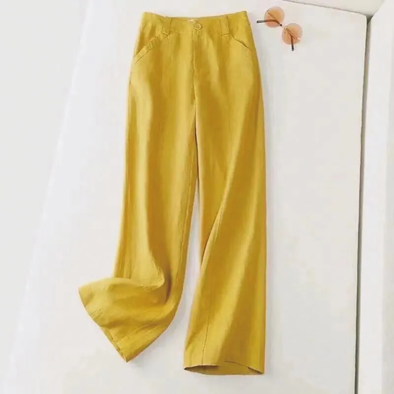 Buddha Stones Casual Retro Plain High Waist Cotton Linen Women's Wide Leg Pants With Pockets