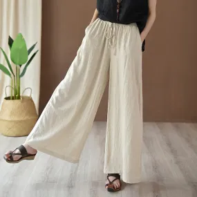 Buddha Stones Loose Cotton Linen Drawstring Wide Leg Pants With Pockets