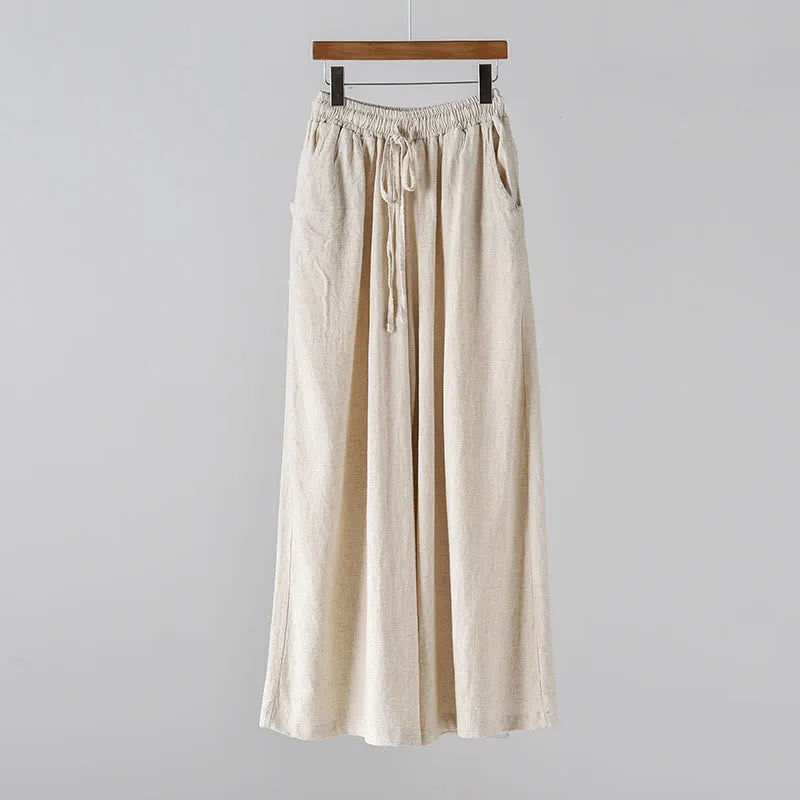 Buddha Stones Loose Cotton Linen Drawstring Wide Leg Pants With Pockets