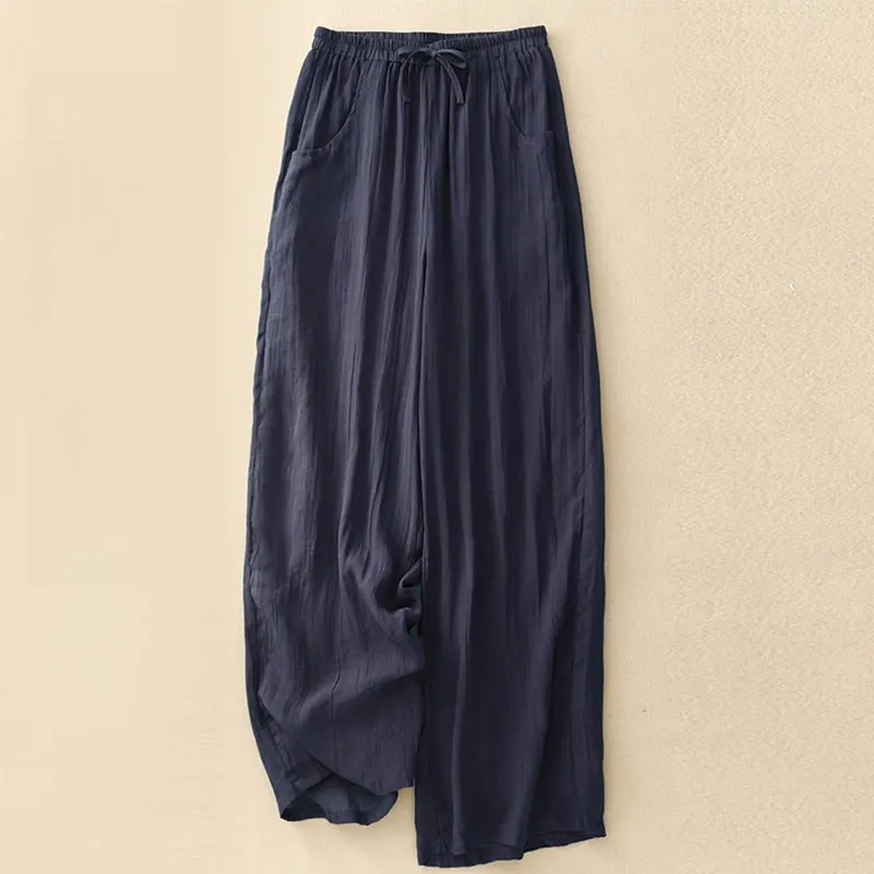 Buddha Stones Spring Pure Color Drawstring Double Layer Cotton Linen Women's Wide Leg Pants With Pockets