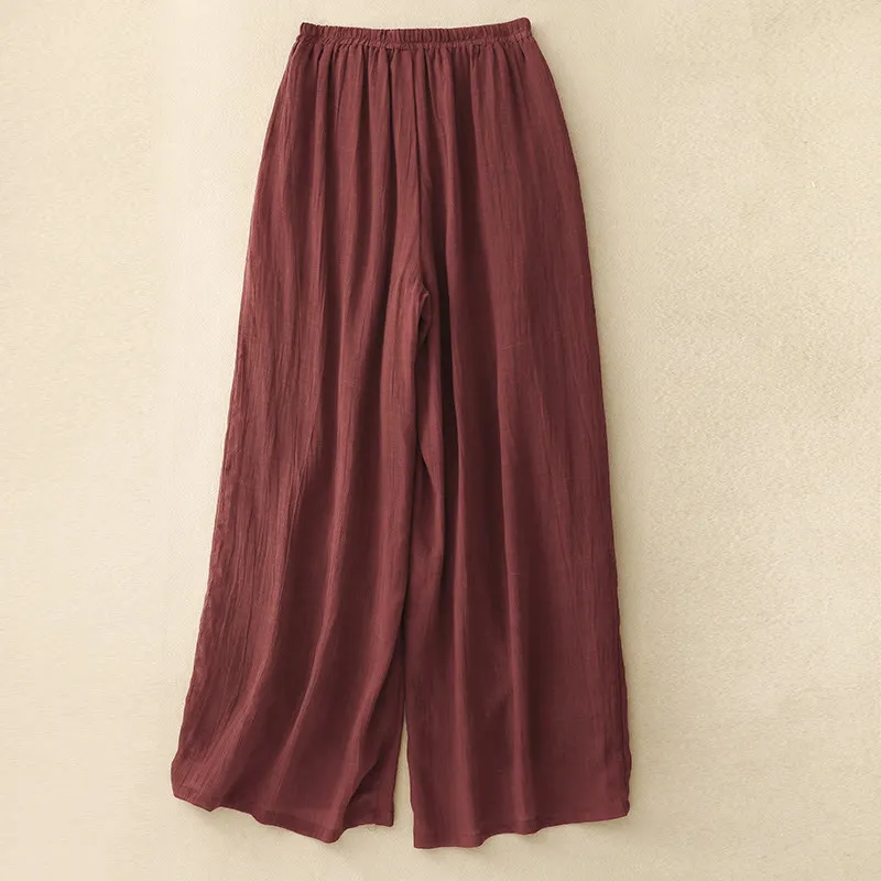 Buddha Stones Spring Pure Color Drawstring Double Layer Cotton Linen Women's Wide Leg Pants With Pockets