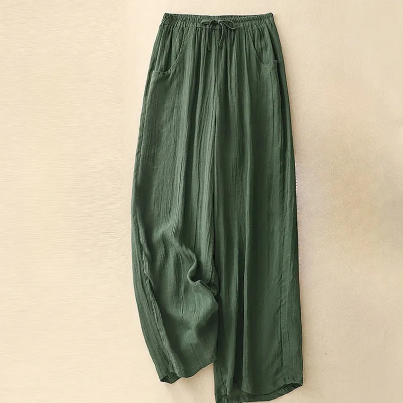 Buddha Stones Spring Pure Color Drawstring Double Layer Cotton Linen Women's Wide Leg Pants With Pockets