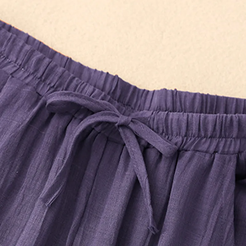 Buddha Stones Spring Pure Color Drawstring Double Layer Cotton Linen Women's Wide Leg Pants With Pockets