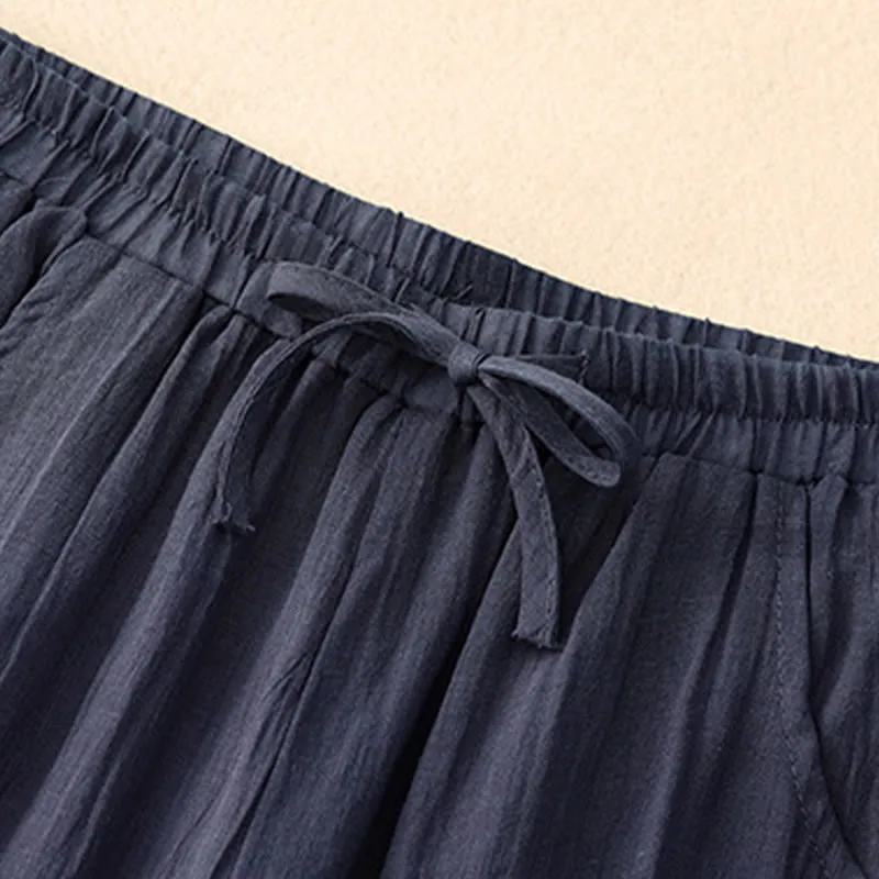 Buddha Stones Spring Pure Color Drawstring Double Layer Cotton Linen Women's Wide Leg Pants With Pockets