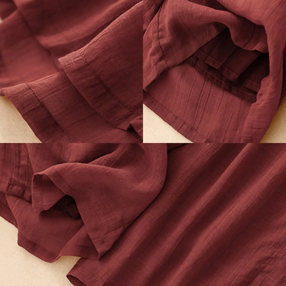 Buddha Stones Spring Pure Color Drawstring Double Layer Cotton Linen Women's Wide Leg Pants With Pockets