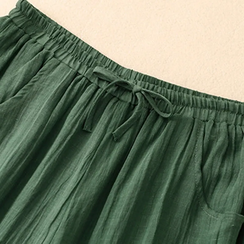 Buddha Stones Spring Pure Color Drawstring Double Layer Cotton Linen Women's Wide Leg Pants With Pockets