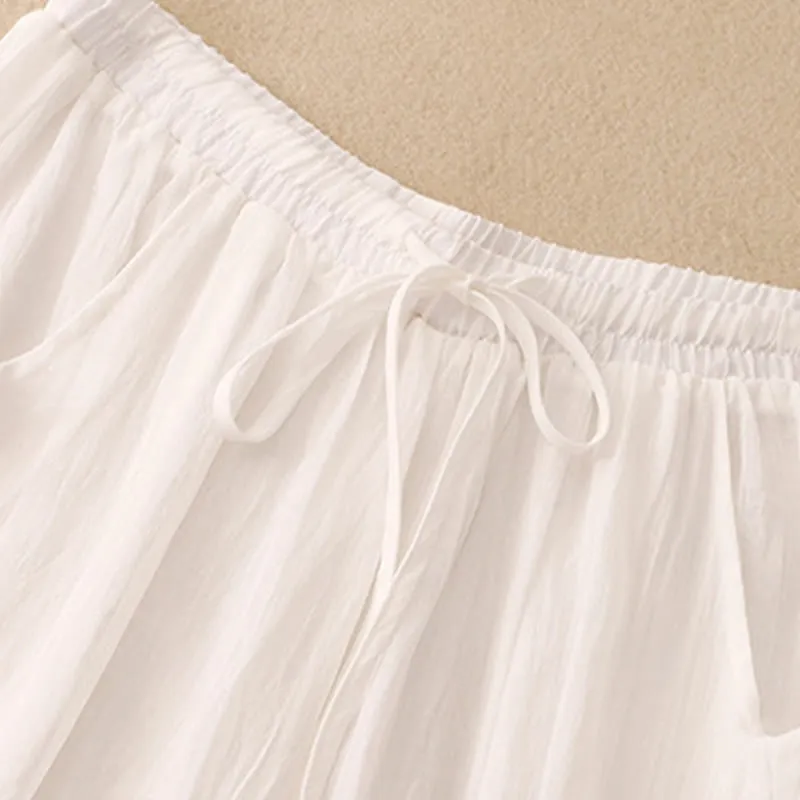 Buddha Stones Spring Pure Color Drawstring Double Layer Cotton Linen Women's Wide Leg Pants With Pockets