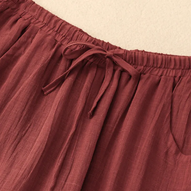 Buddha Stones Spring Pure Color Drawstring Double Layer Cotton Linen Women's Wide Leg Pants With Pockets