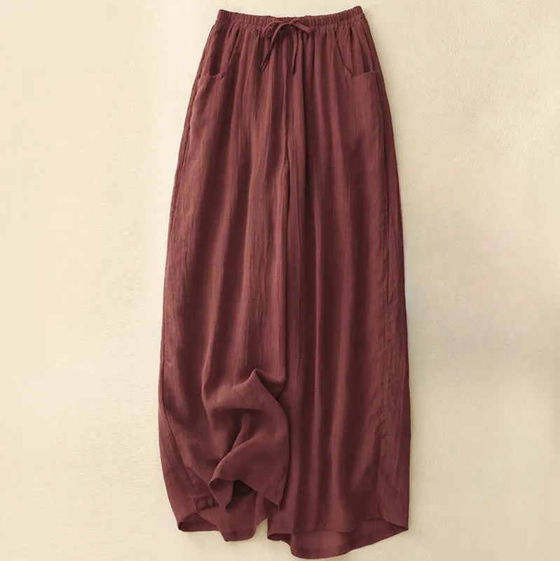 Buddha Stones Spring Pure Color Drawstring Double Layer Cotton Linen Women's Wide Leg Pants With Pockets