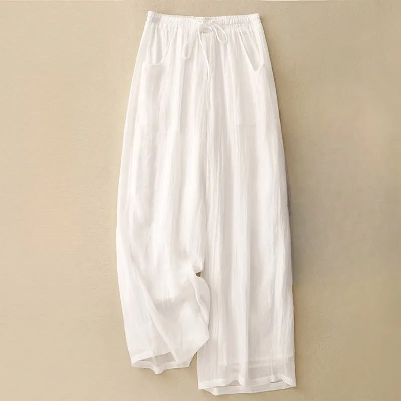 Buddha Stones Spring Pure Color Drawstring Double Layer Cotton Linen Women's Wide Leg Pants With Pockets