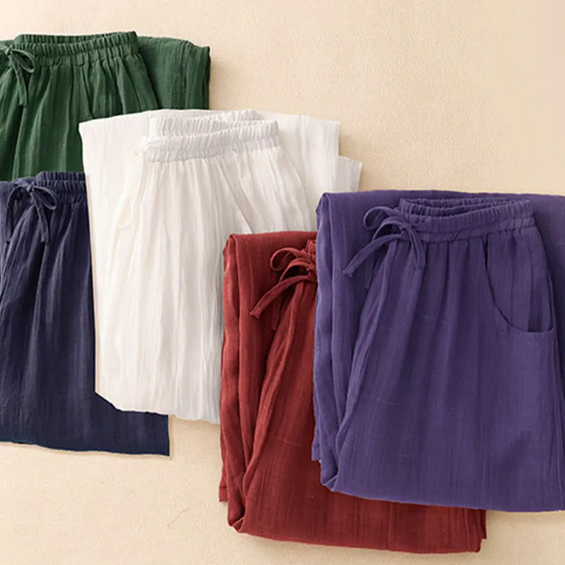 Buddha Stones Spring Pure Color Drawstring Double Layer Cotton Linen Women's Wide Leg Pants With Pockets