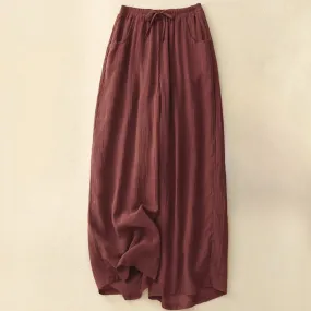Buddha Stones Spring Pure Color Drawstring Double Layer Cotton Linen Women's Wide Leg Pants With Pockets