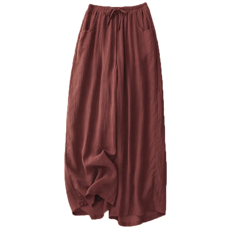 Buddha Stones Spring Pure Color Drawstring Double Layer Cotton Linen Women's Wide Leg Pants With Pockets
