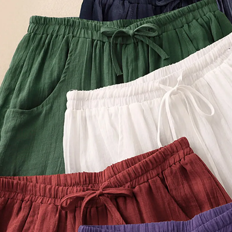 Buddha Stones Spring Pure Color Drawstring Double Layer Cotton Linen Women's Wide Leg Pants With Pockets