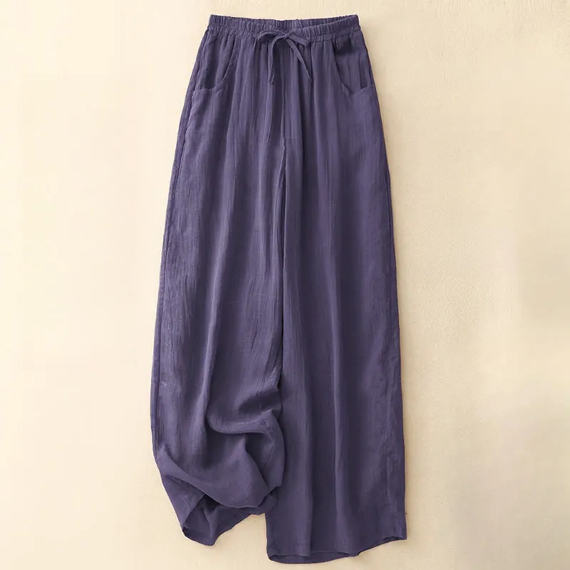 Buddha Stones Spring Pure Color Drawstring Double Layer Cotton Linen Women's Wide Leg Pants With Pockets