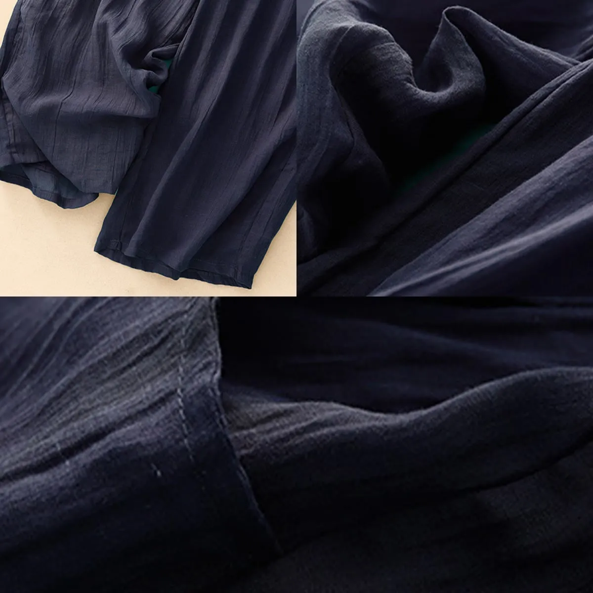 Buddha Stones Spring Pure Color Drawstring Double Layer Cotton Linen Women's Wide Leg Pants With Pockets