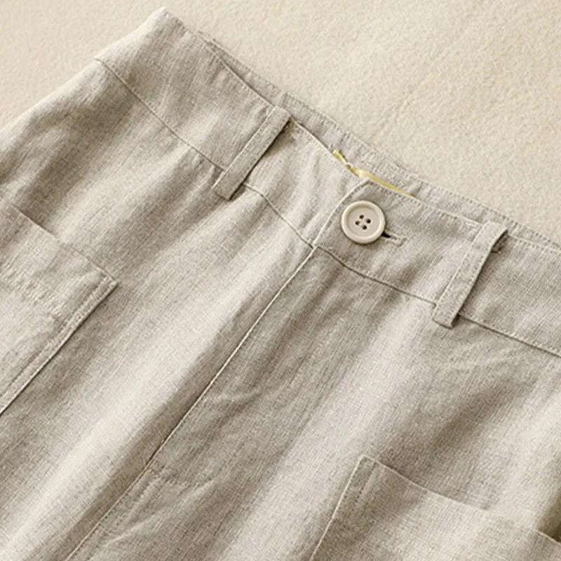 Buddha Stones Summer Simple Design Ankle-Length Cotton Linen Women's Wide Leg Pants With Pockets Zipper