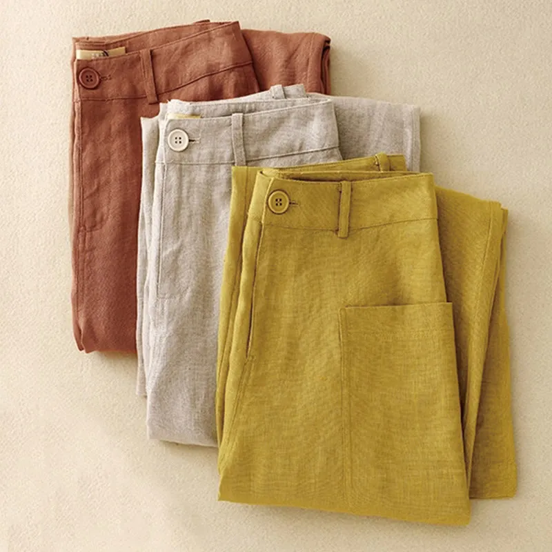 Buddha Stones Summer Simple Design Ankle-Length Cotton Linen Women's Wide Leg Pants With Pockets Zipper
