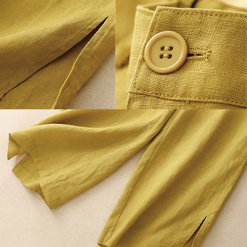 Buddha Stones Summer Simple Design Ankle-Length Cotton Linen Women's Wide Leg Pants With Pockets Zipper