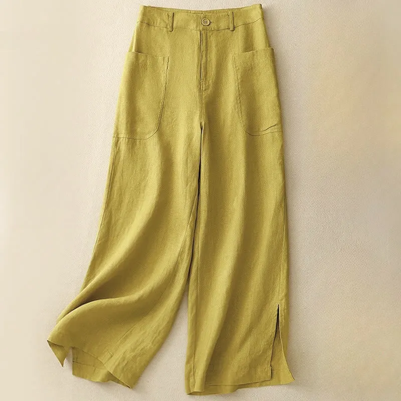 Buddha Stones Summer Simple Design Ankle-Length Cotton Linen Women's Wide Leg Pants With Pockets Zipper