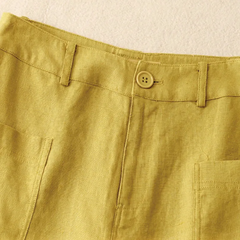 Buddha Stones Summer Simple Design Ankle-Length Cotton Linen Women's Wide Leg Pants With Pockets Zipper