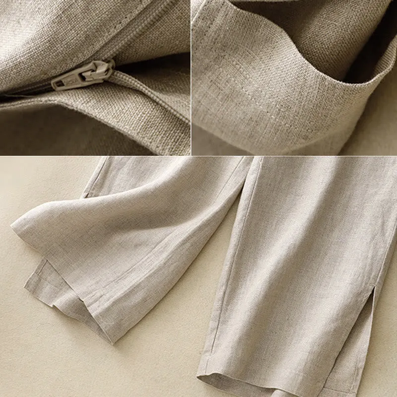 Buddha Stones Summer Simple Design Ankle-Length Cotton Linen Women's Wide Leg Pants With Pockets Zipper