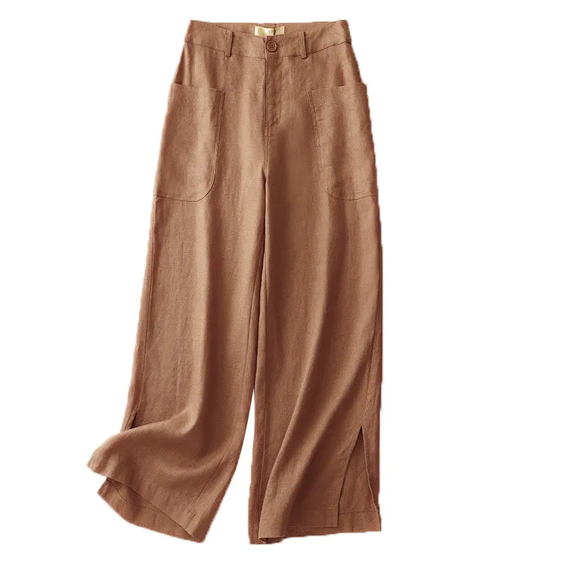 Buddha Stones Summer Simple Design Ankle-Length Cotton Linen Women's Wide Leg Pants With Pockets Zipper