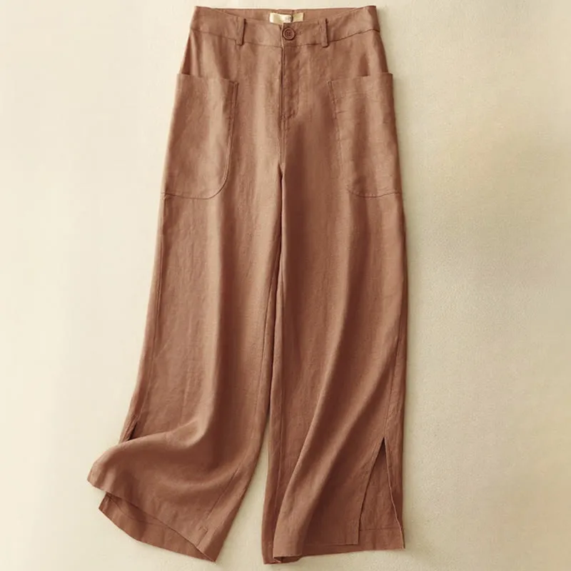 Buddha Stones Summer Simple Design Ankle-Length Cotton Linen Women's Wide Leg Pants With Pockets Zipper