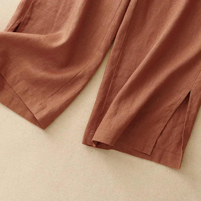 Buddha Stones Summer Simple Design Ankle-Length Cotton Linen Women's Wide Leg Pants With Pockets Zipper