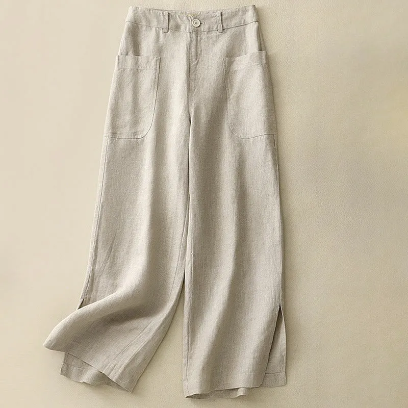Buddha Stones Summer Simple Design Ankle-Length Cotton Linen Women's Wide Leg Pants With Pockets Zipper