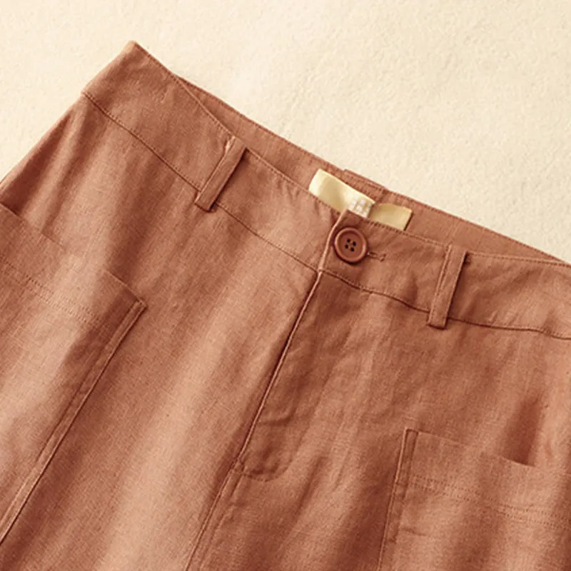 Buddha Stones Summer Simple Design Ankle-Length Cotton Linen Women's Wide Leg Pants With Pockets Zipper