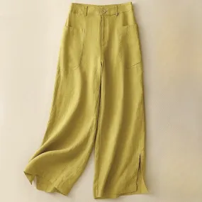 Buddha Stones Summer Simple Design Ankle-Length Cotton Linen Women's Wide Leg Pants With Pockets Zipper