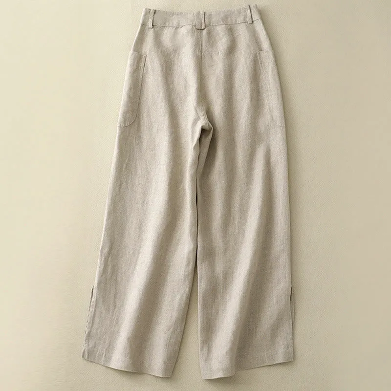 Buddha Stones Summer Simple Design Ankle-Length Cotton Linen Women's Wide Leg Pants With Pockets Zipper