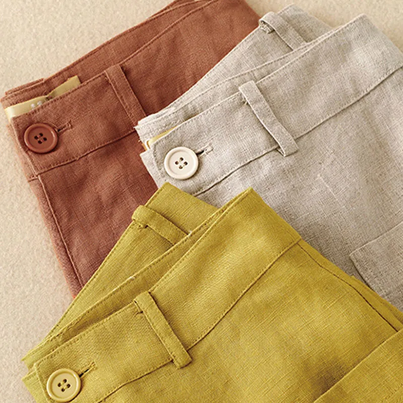 Buddha Stones Summer Simple Design Ankle-Length Cotton Linen Women's Wide Leg Pants With Pockets Zipper