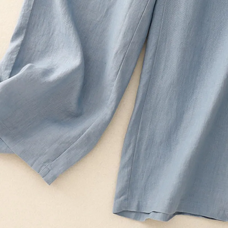 Buddha Stones Wild Plain Cotton Linen Women's Wide Leg Pants With Pockets