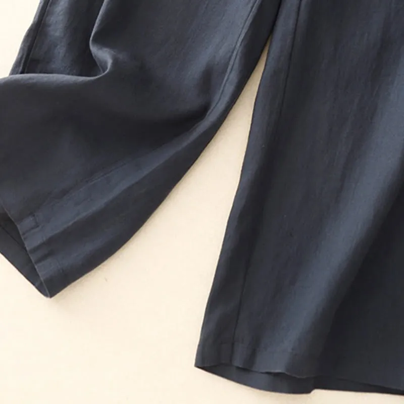 Buddha Stones Wild Plain Cotton Linen Women's Wide Leg Pants With Pockets