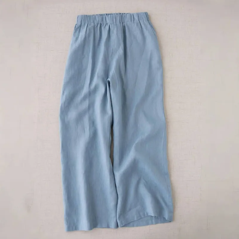 Buddha Stones Wild Plain Cotton Linen Women's Wide Leg Pants With Pockets