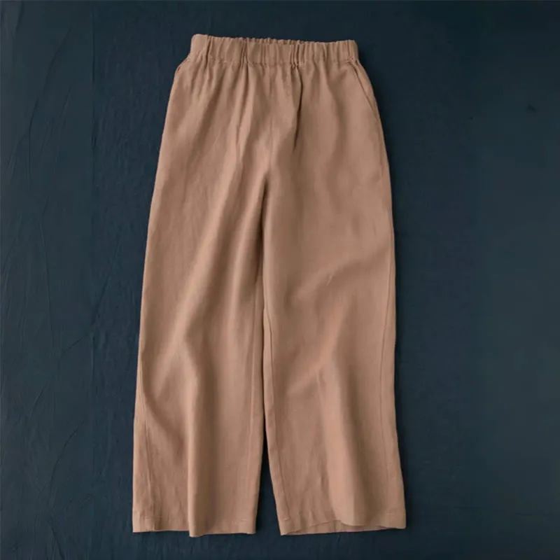 Buddha Stones Wild Plain Cotton Linen Women's Wide Leg Pants With Pockets