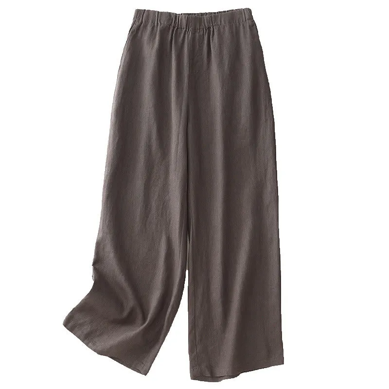 Buddha Stones Wild Plain Cotton Linen Women's Wide Leg Pants With Pockets
