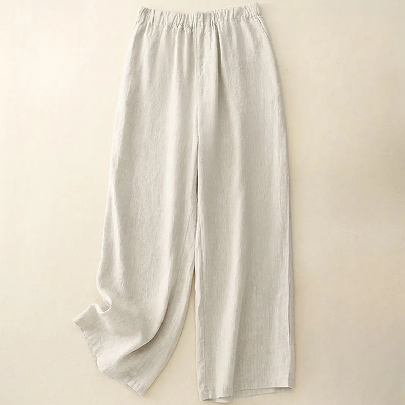 Buddha Stones Wild Plain Cotton Linen Women's Wide Leg Pants With Pockets