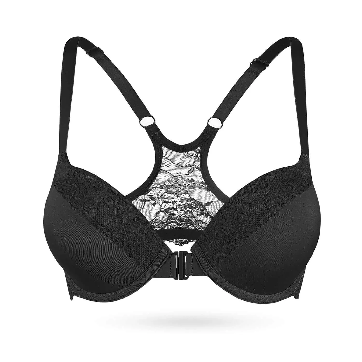 Front Closure Push Up Supportive Lace Racerback Thick Padded Plunge Bra